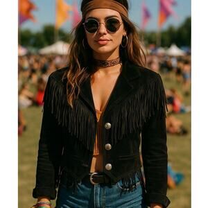 Vintage Pioneer Wear Black Suede Fringe Western Jacket Women’s 10 Boho Festival